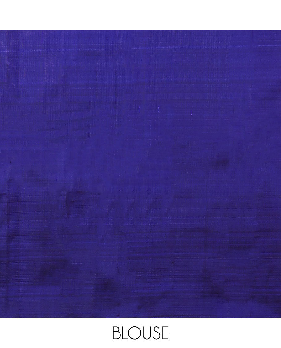 Blue kanchipuram silk saree with zari stripes, temple zari border & zari design pallu