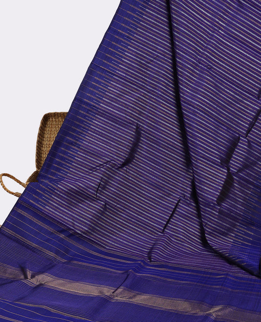 Blue kanchipuram silk saree with zari stripes, temple zari border & zari design pallu