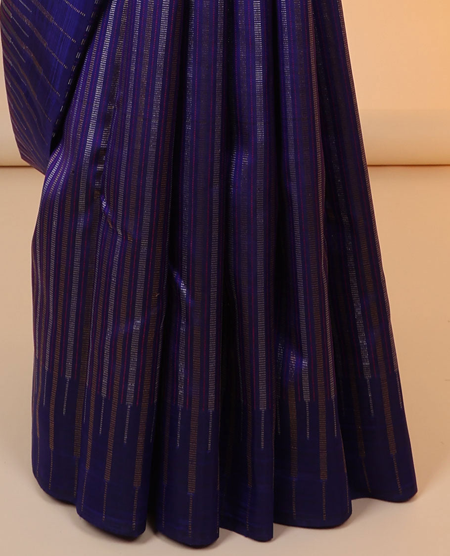 Blue kanchipuram silk saree with zari stripes, temple zari border & zari design pallu