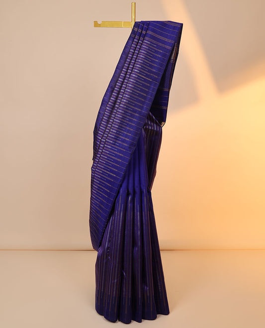 Blue kanchipuram silk saree with zari stripes, temple zari border & zari design pallu