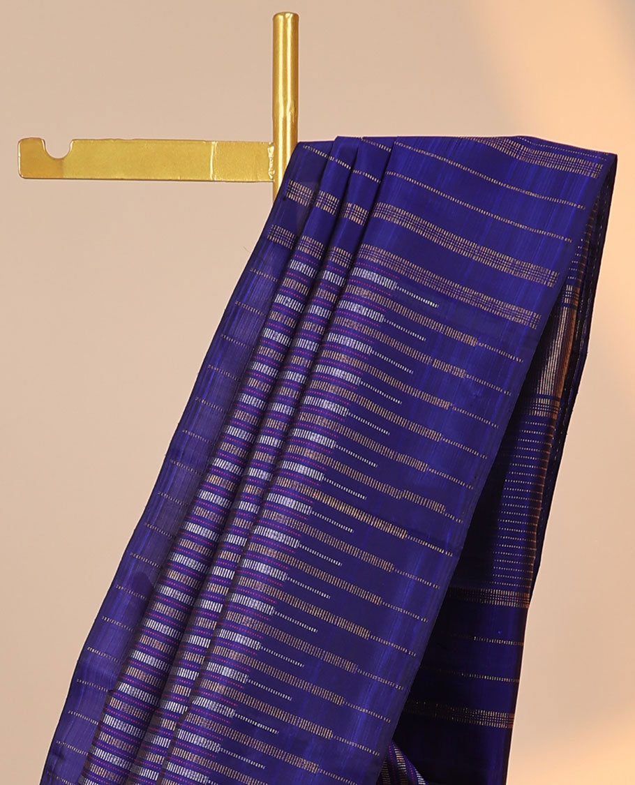 Blue kanchipuram silk saree with zari stripes, temple zari border & zari design pallu