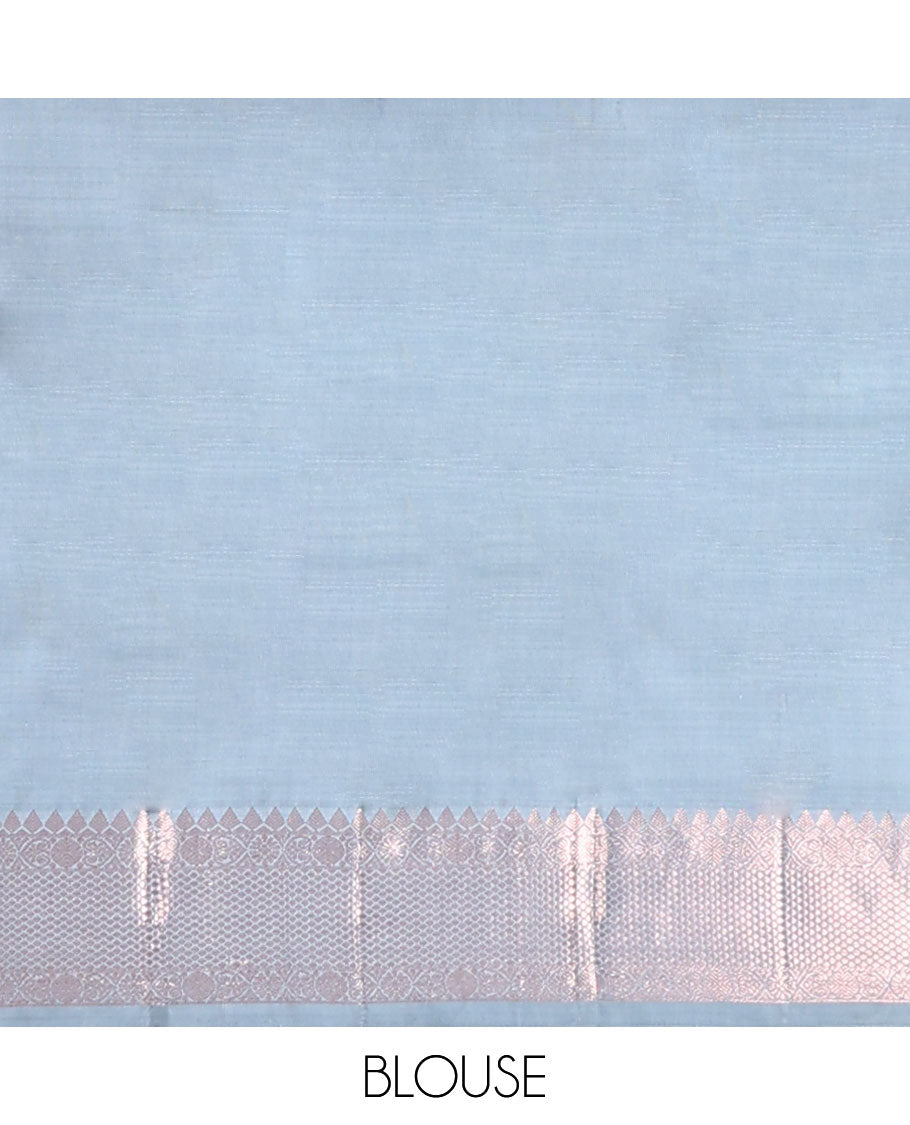 Grey zari buttas Kanchipuram silksaree, jaal pallu & zari border of thilakam mokku,jada nagam,poun & kuyil kann 