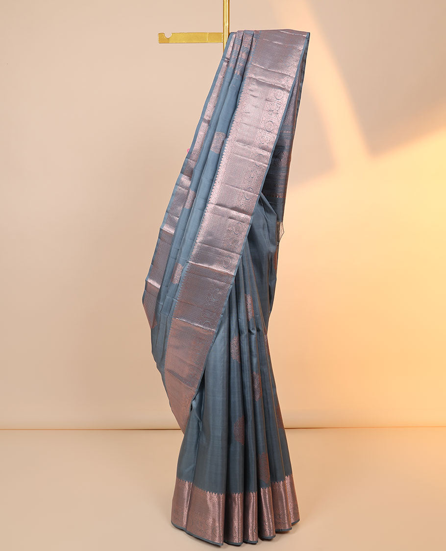 Grey zari buttas Kanchipuram silksaree, jaal pallu & zari border of thilakam mokku,jada nagam,poun & kuyil kann 