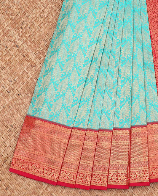 Blue jacquard Kanchipuram wedding silksaree, contrast intricate pallu & border of traditional zari designs