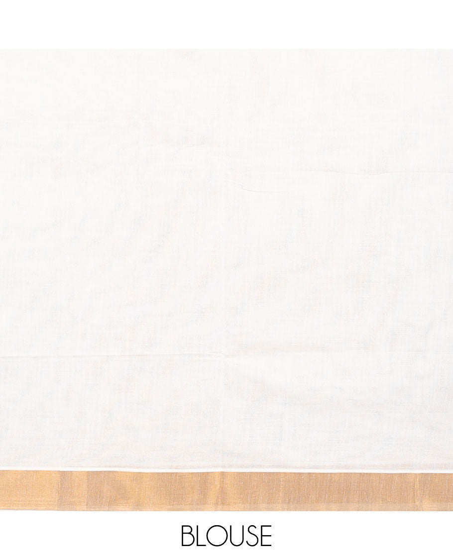 Cream kerala saree with zari stripes, zari border & pallu of peacock designs in zari