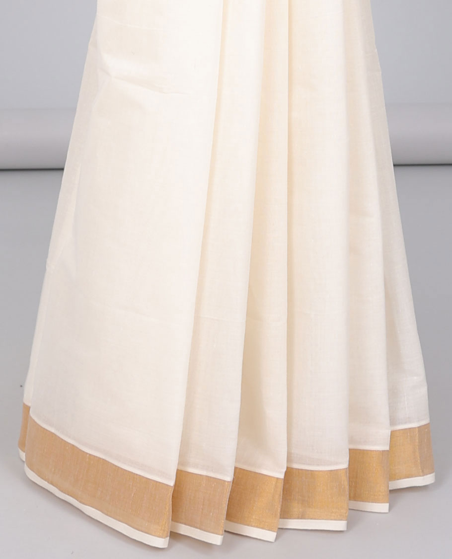 Cream kerala saree with zari stripes, zari border & pallu of peacock designs in zari