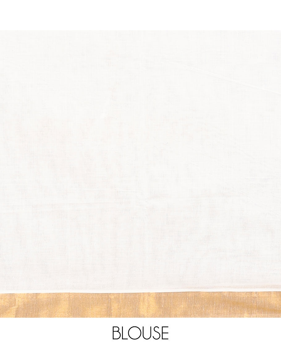Cream kerala saree with zari stripes, zari border & pallu of floral designs in zari