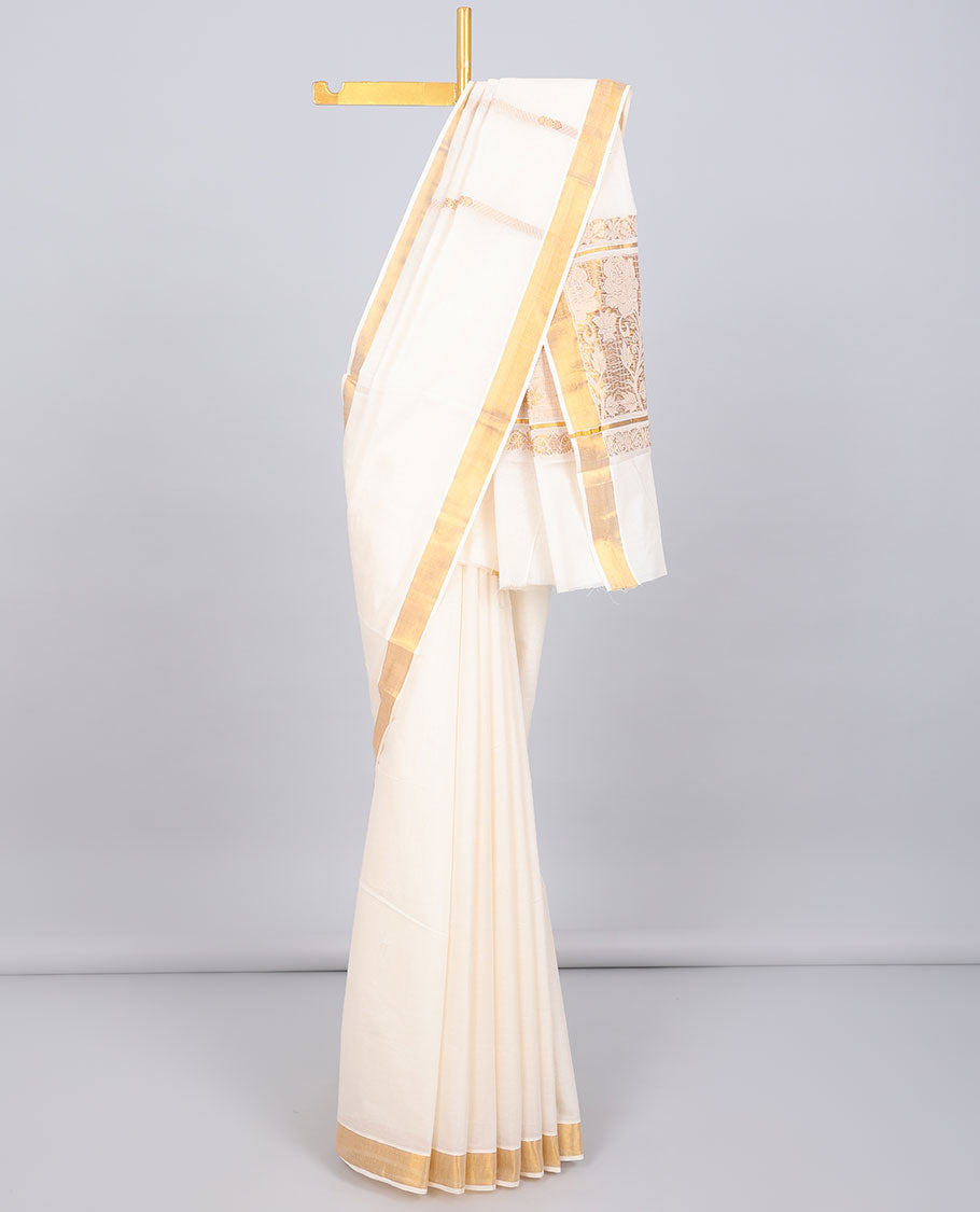 Cream kerala saree with zari stripes, zari border & pallu of floral designs in zari
