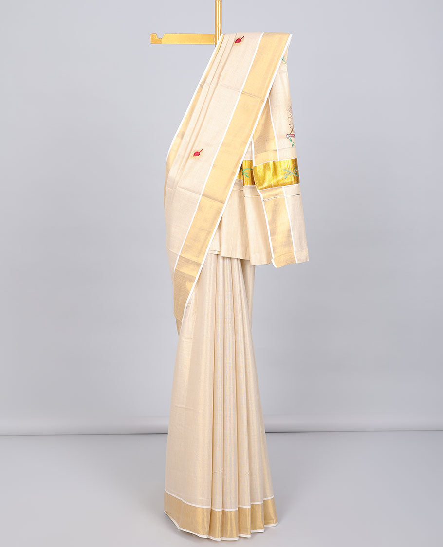 Gold leaf embroidered motifs kerala saree, zari border &  floral creeper & peacock feather embroidered pallu