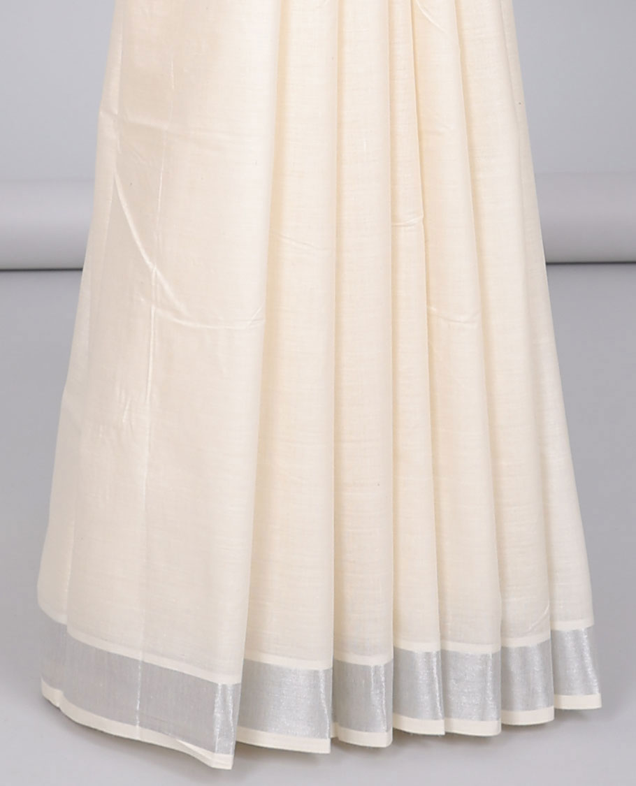 Cream peacock feather embroidered motifs kerala saree,zari border &  floral creeper & peacock feather embroidered pallu