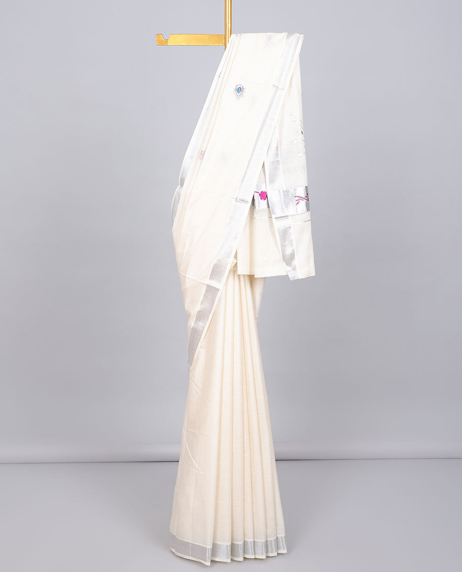 Cream peacock feather embroidered motifs kerala saree,zari border &  floral creeper & peacock feather embroidered pallu