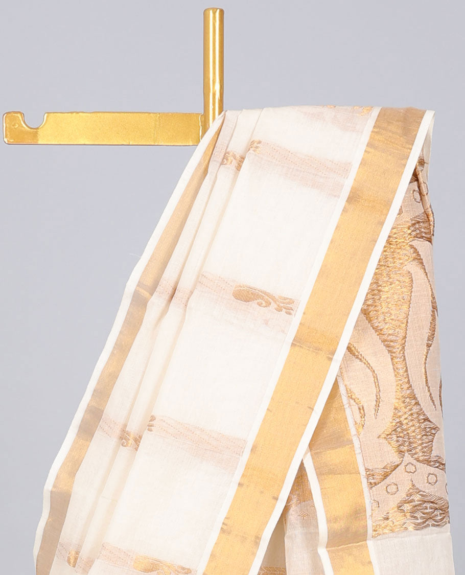Cream kerala saree with zari designs, zari border & pallu of intricate designs in zari