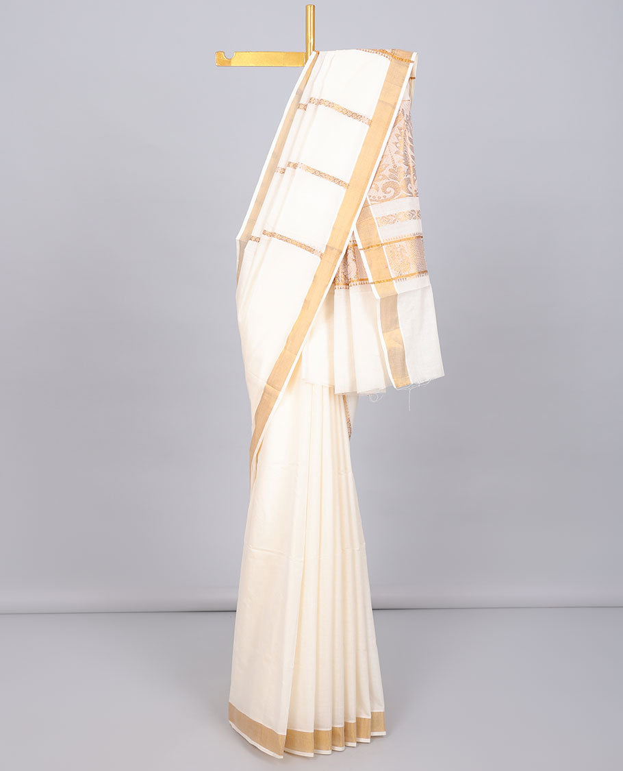 Cream kerala saree with zari designs, zari border & pallu of traditional designs in zari