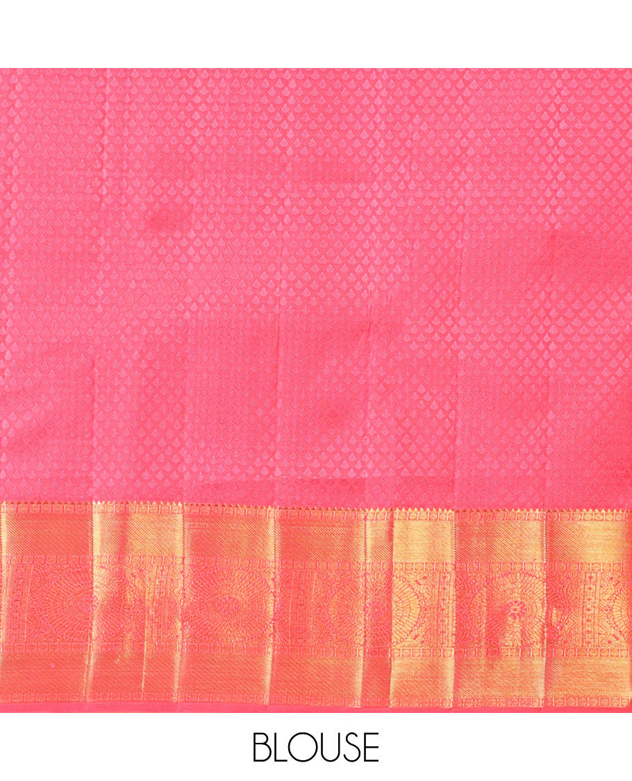 Cream embossed silksaree with buttas, contrast jaal pallu & border of rekku,poun,zari stripes &  chakram