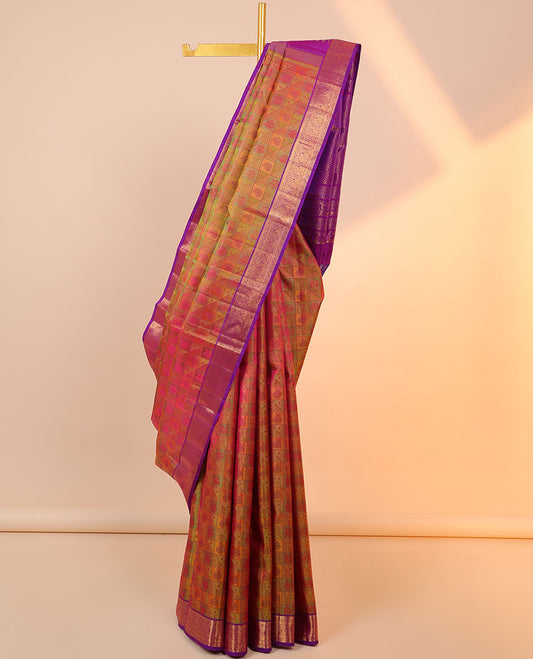 Green mayil chakram embossed silk mix saree, contrast jaal pallu & border of rekku,kathir,kodi visiry & mayil