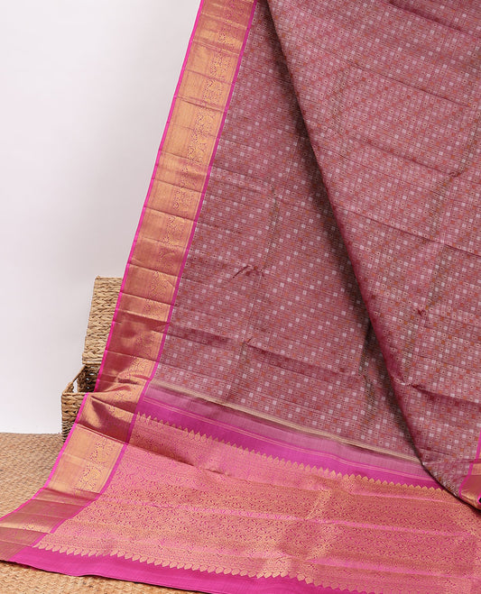 Pink embossed silk mix saree, contrast intricate pallu & border of thilakam mokku,muthu,kathir & kuthirai