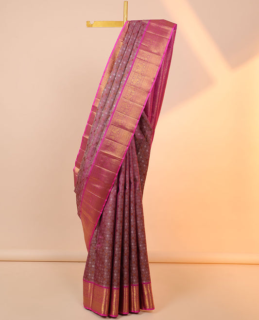 Pink embossed silk mix saree, contrast intricate pallu & border of thilakam mokku,muthu,kathir & kuthirai