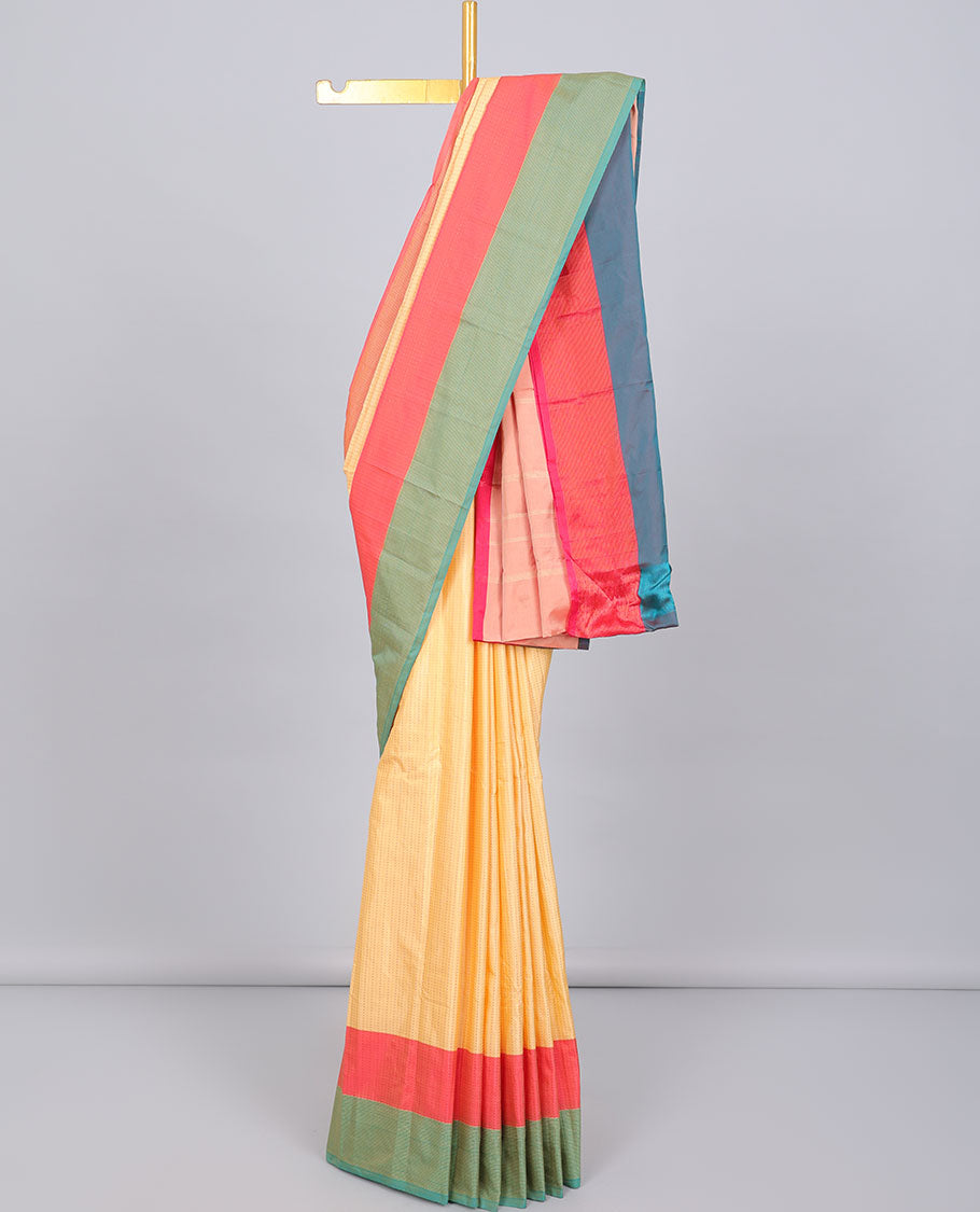 Yellow aarani gift saree with buttas, contrast border of stripes & pallu of stripes