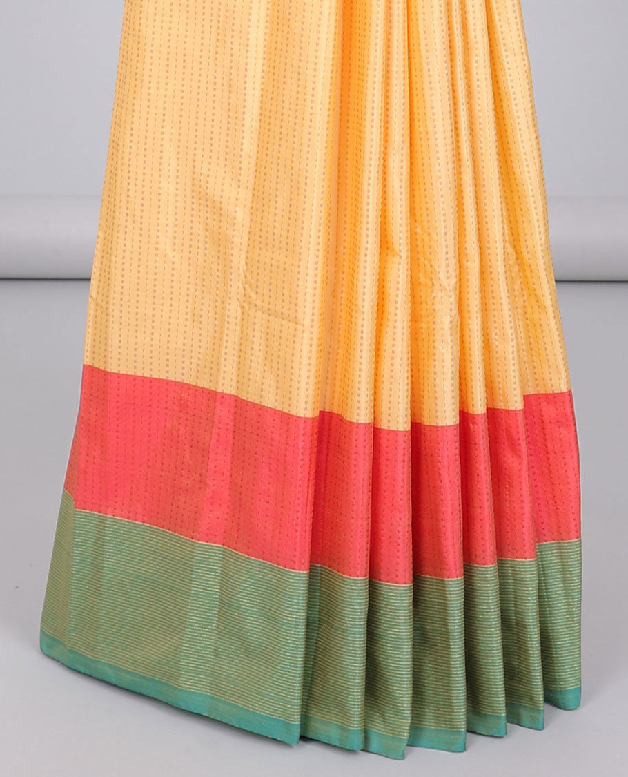Yellow aarani gift saree with buttas, contrast border of stripes & pallu of stripes