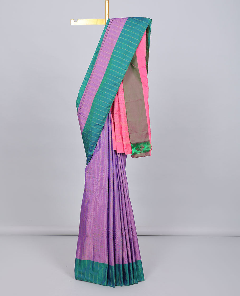 Violet aarani gift saree with buttas, contrast striped border & pallu of stripes