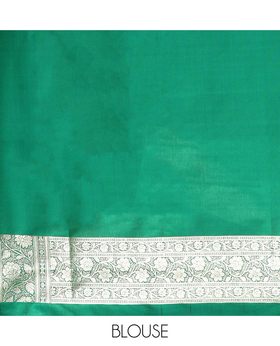 Red floral buttas semi-banaras satin saree,contrast paisley & floral creeper zari border & pallu of intricate designs
