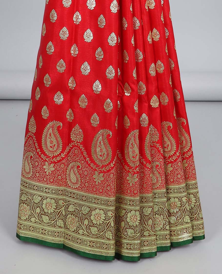 Red floral buttas semi-banaras satin saree,contrast paisley & floral creeper zari border & pallu of intricate designs