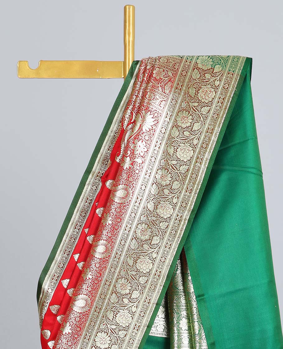 Red floral buttas semi-banaras satin saree,contrast paisley & floral creeper zari border & pallu of intricate designs