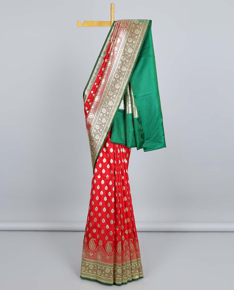 Red floral buttas semi-banaras satin saree,contrast paisley & floral creeper zari border & pallu of intricate designs