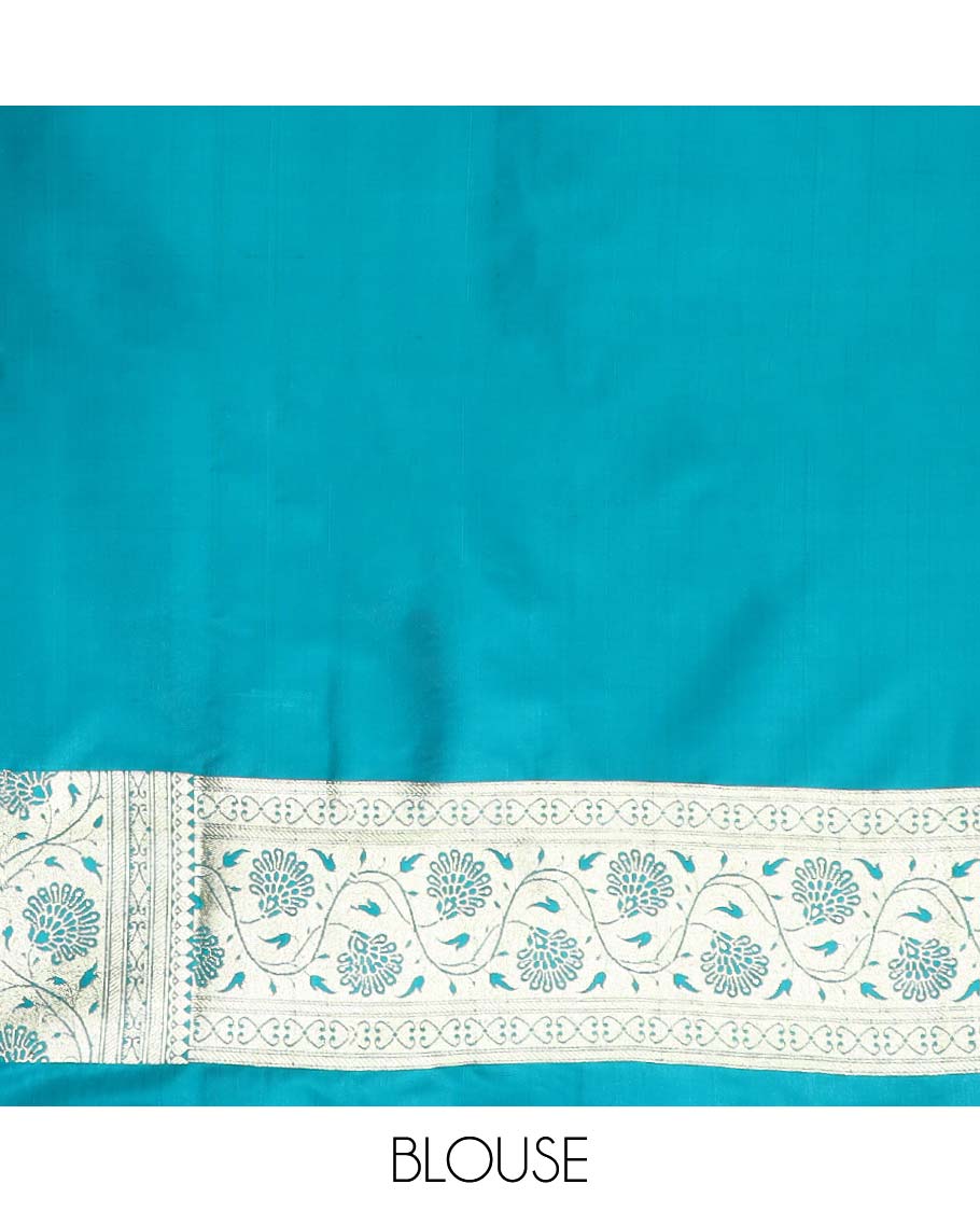 Blue semi-banaras satin saree with buttas, traditional design zari border & pallu of intricate designs