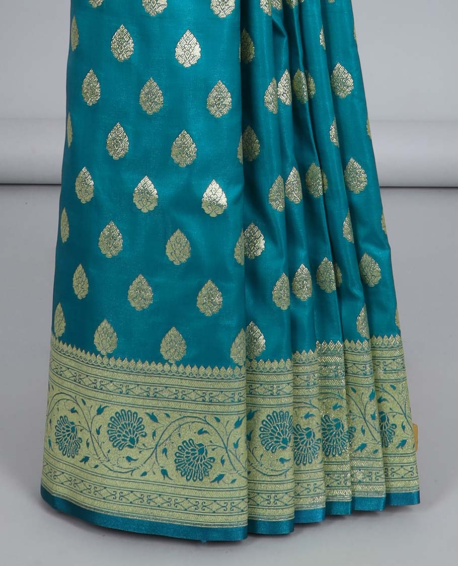 Blue semi-banaras satin saree with buttas, traditional design zari border & pallu of intricate designs