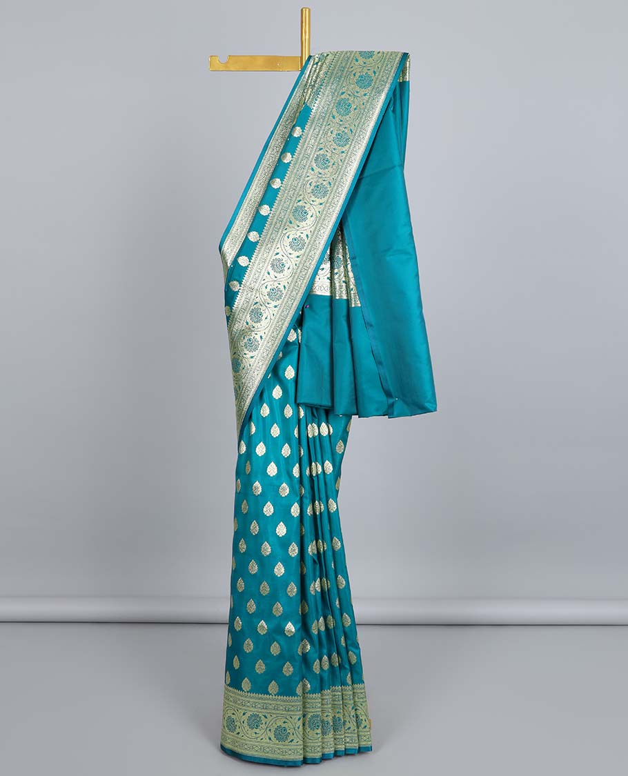 Blue semi-banaras satin saree with buttas, traditional design zari border & pallu of intricate designs