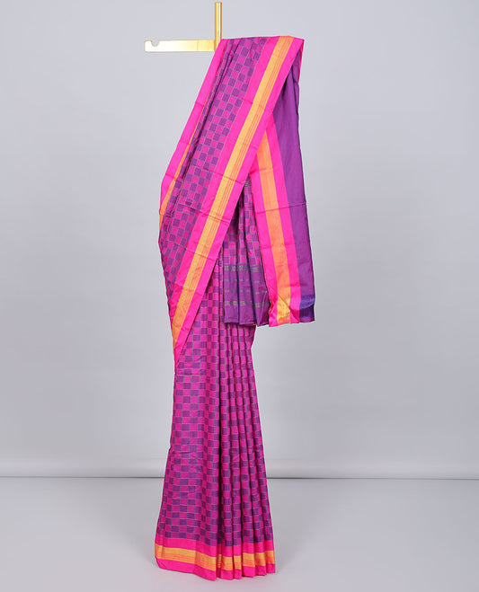 Violet & pink checked aarani gift saree with zari buttas, contrast zari design border & checked pallu of stripes