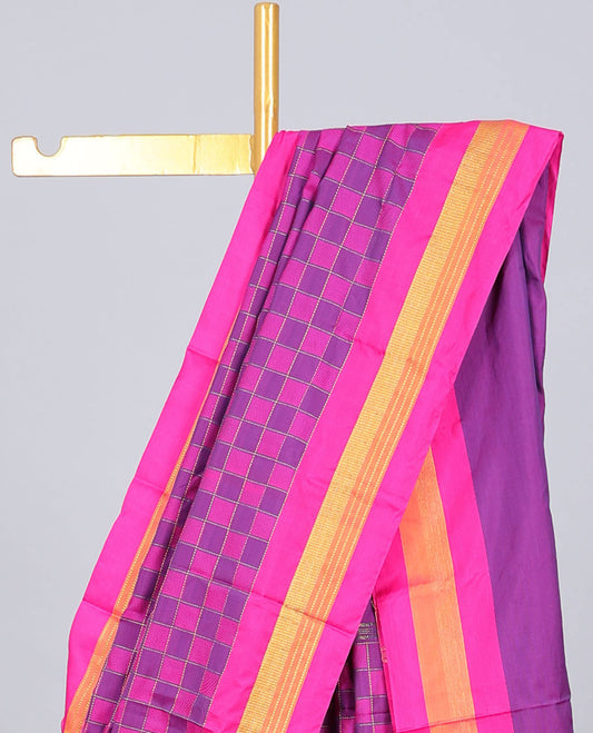 Violet & pink checked aarani gift saree with zari buttas, contrast zari design border & checked pallu of stripes