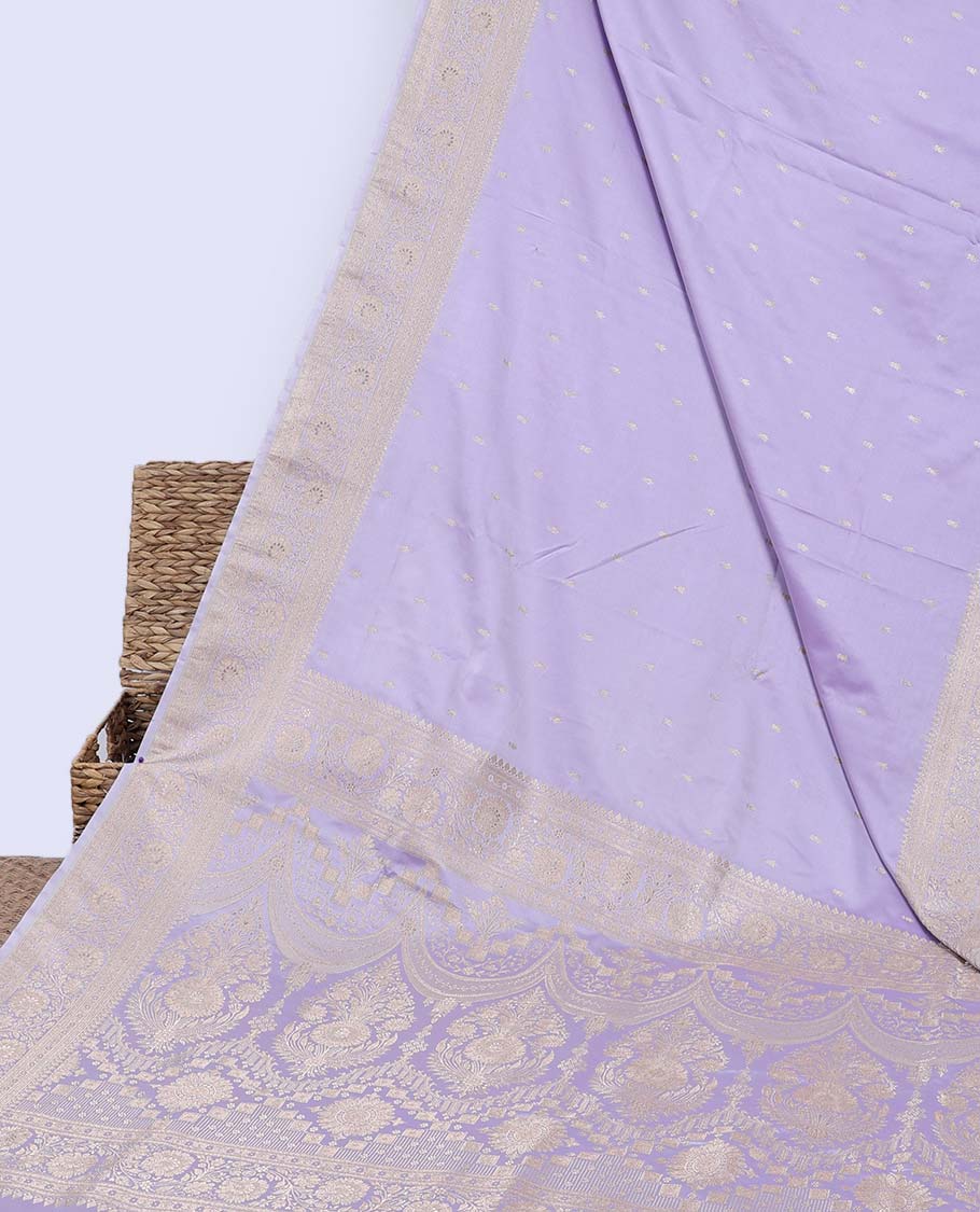 Lavender semi-banaras satin saree with buttas, traditional design zari border & pallu of intricate designs