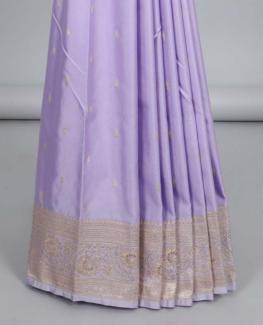 Lavender semi-banaras satin saree with buttas, traditional design zari border & pallu of intricate designs