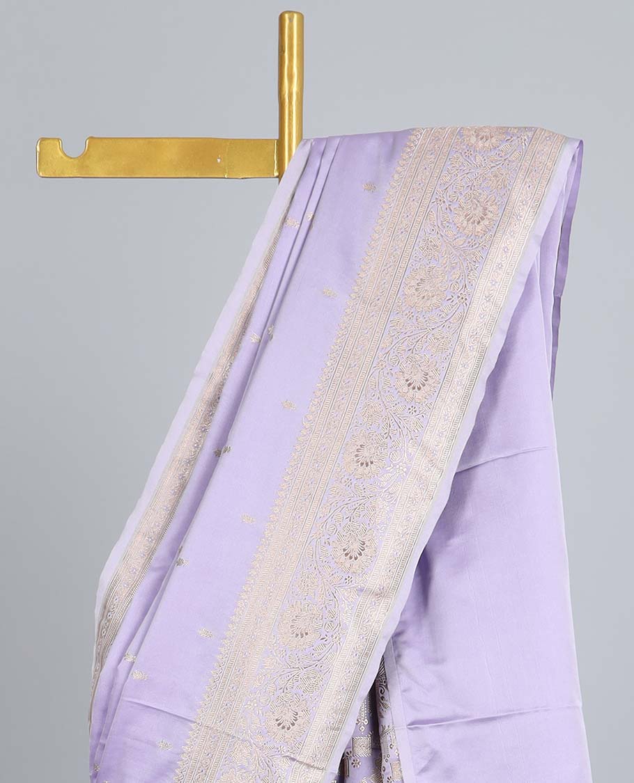 Lavender semi-banaras satin saree with buttas, traditional design zari border & pallu of intricate designs