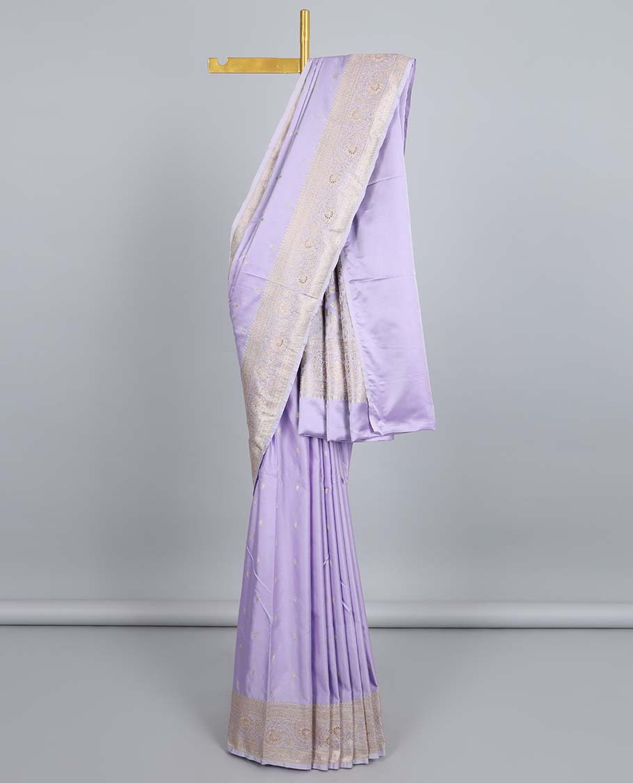 Lavender semi-banaras satin saree with buttas, traditional design zari border & pallu of intricate designs
