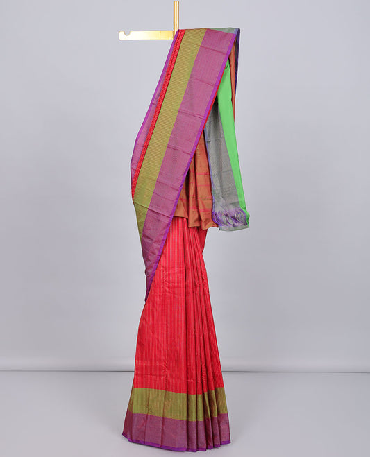 Red aarani gift saree with zari buttas, contrast striped border & pallu of zari designs