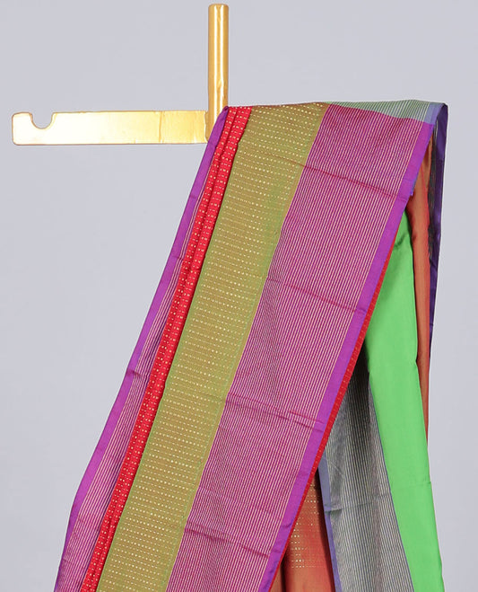 Red aarani gift saree with zari buttas, contrast striped border & pallu of zari designs
