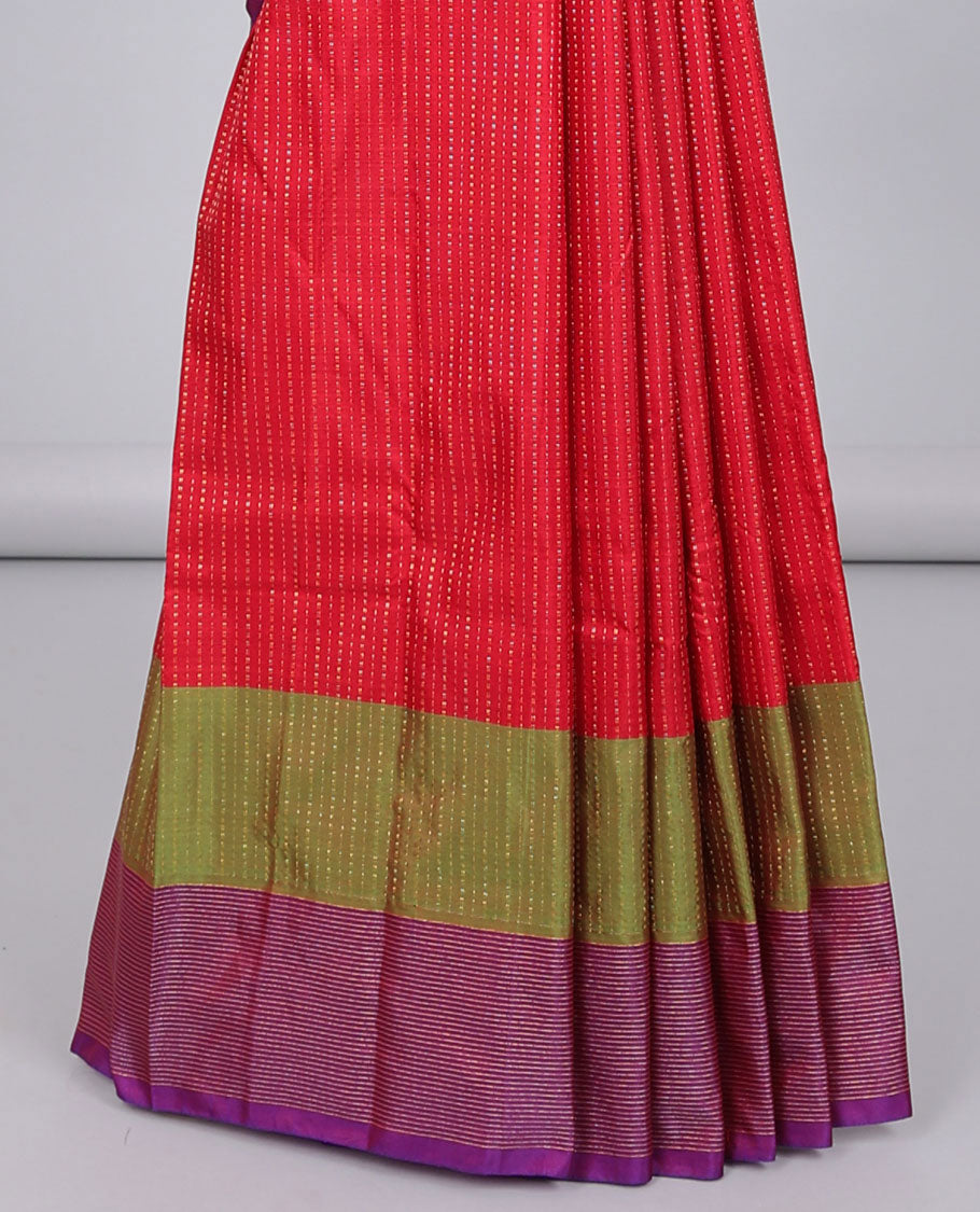Red aarani gift saree with zari buttas, contrast striped border & pallu of zari designs