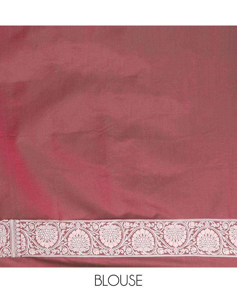 Red semi-banaras satin saree with buttas, traditional design zari border & pallu of floral jaal designs