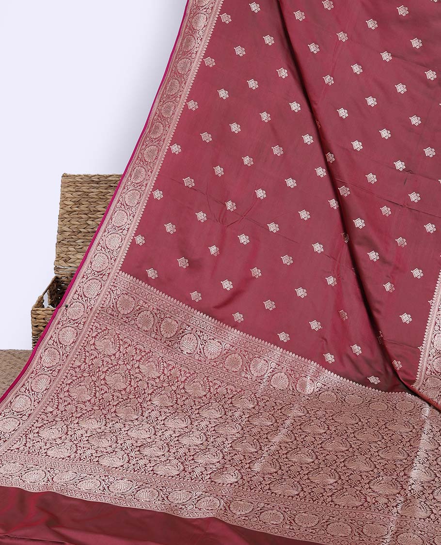 Red semi-banaras satin saree with buttas, traditional design zari border & pallu of floral jaal designs