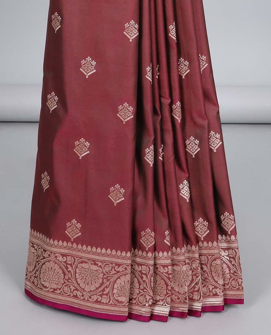 Red semi-banaras satin saree with buttas, traditional design zari border & pallu of floral jaal designs