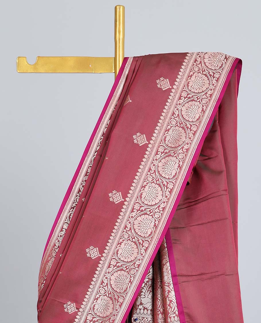 Red semi-banaras satin saree with buttas, traditional design zari border & pallu of floral jaal designs