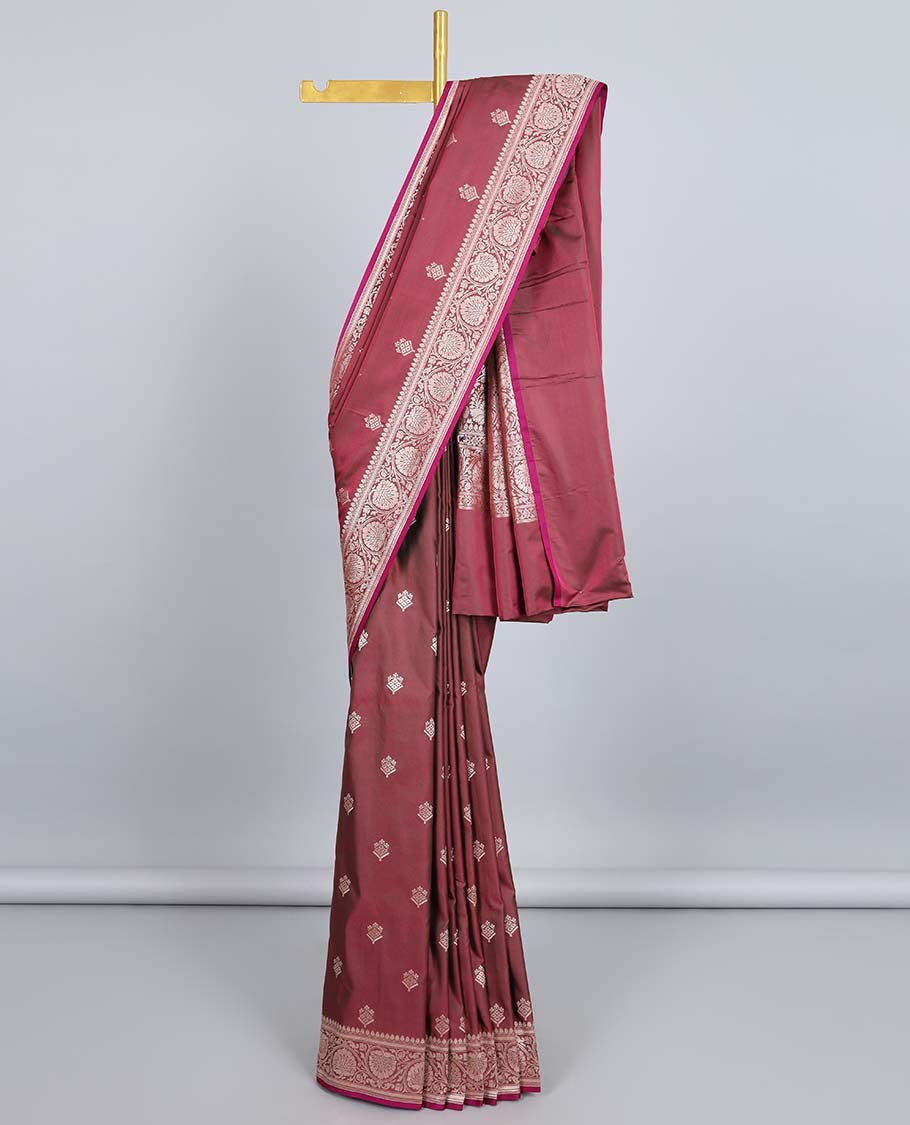 Red semi-banaras satin saree with buttas, traditional design zari border & pallu of floral jaal designs