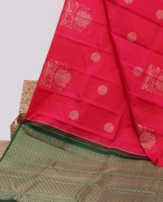 Borderless red kanchipuram designer silksaree with zari buttas, contrast pallu of jaal designs