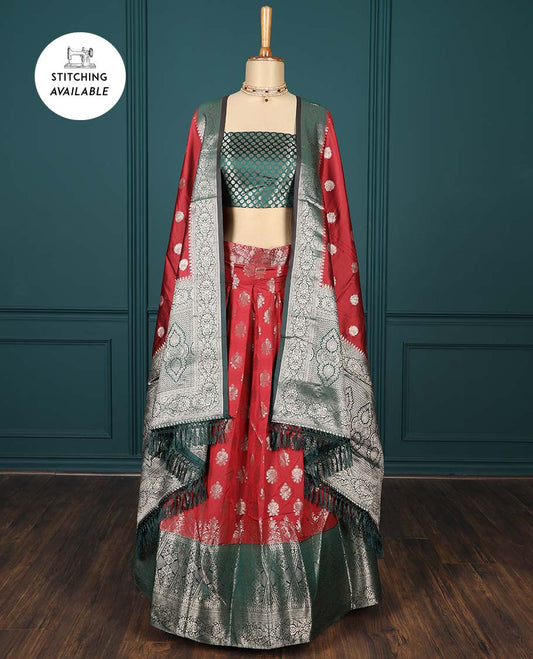 Maroon zari buttas half-saree,contrast zari design border, jacquard blouse & dhavani of intricate zari designs
