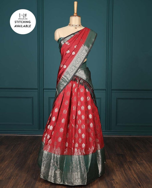 Maroon zari buttas half-saree,contrast zari design border, jacquard blouse & dhavani of intricate zari designs