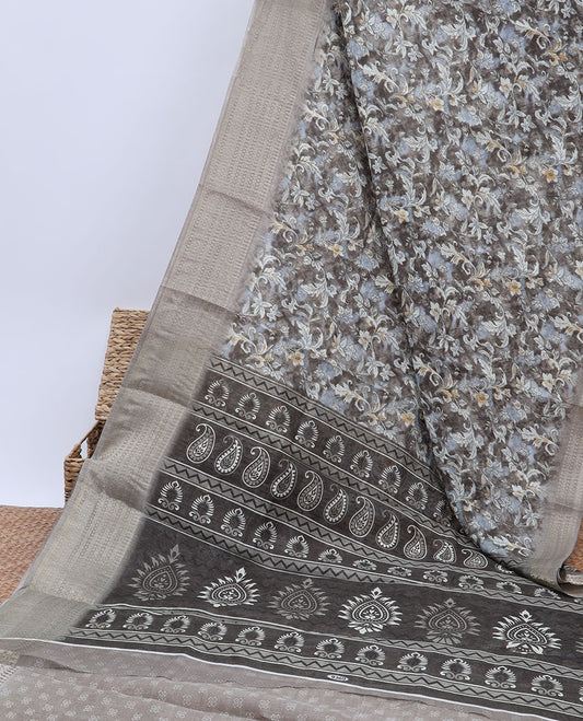 Grey floral printed budget cotton saree, traditional design border & contrast pallu of intricate print
