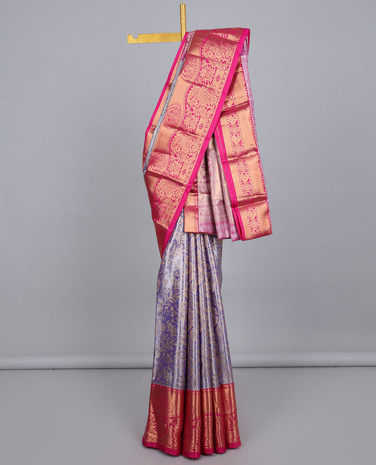 Blue floral vine jacquard budget silk saree, contrast traditional design border & pallu of intricate designs